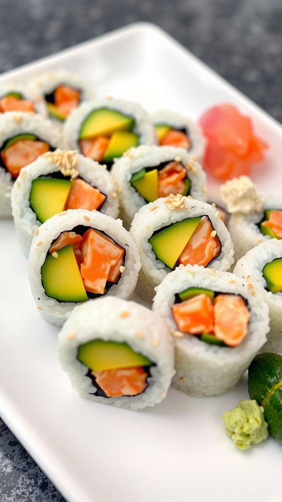 A plate of California rolls sushi with avocado, crab, and cucumber, garnished with sesame seeds, served with soy sauce and pickled ginger.